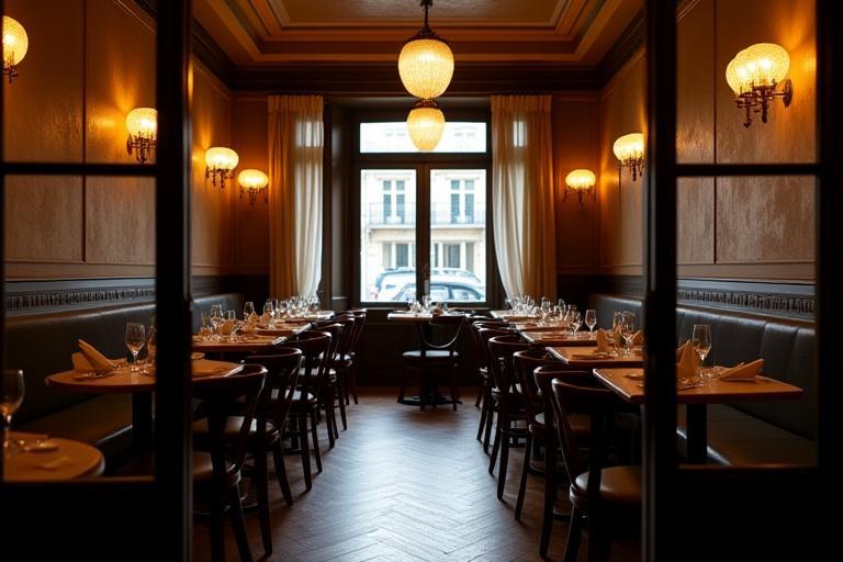 Photo d'une salle de restaurant bistro moderne et accueillante avec des tables dressées.