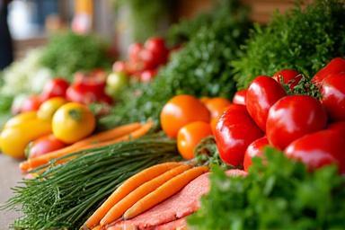 Divers ingrédients frais présentés sur un étal de marché