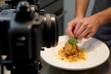 Caméra filmant la préparation d'un plat en gros plan, pour la production de contenu
