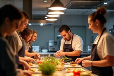 Groupe participant à un cours de cuisine interactif avec un chef
