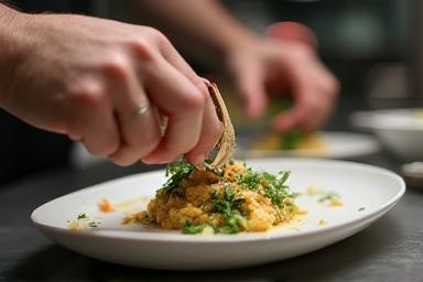 Gros plan sur des mains testant une recette dans une cuisine professionnelle